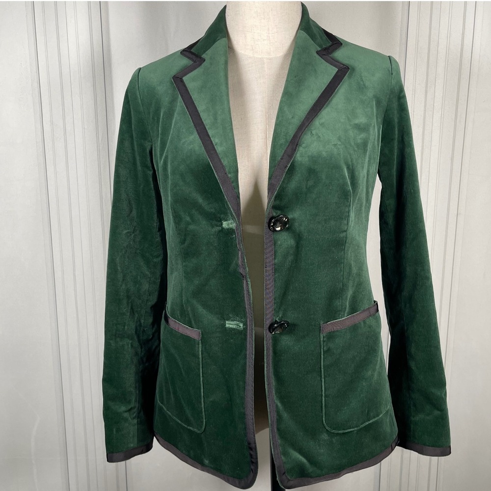 Kate Spade Green Velvet Blazer‎ - Grosgrain Trim & Jewel Buttons - Size 00 - Picture 10 of 16